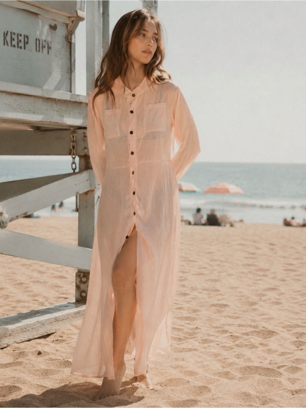 Sheer Maxi Swimsuit Cover Up Button Up Pockets Long Sleeve Pink Peach Summer S